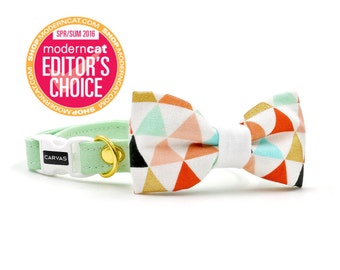 Carrie Cat Collar + Bow Tie Set with Breakaway Safety Buckle - Mint Green and Geometric - Kitten Size Available