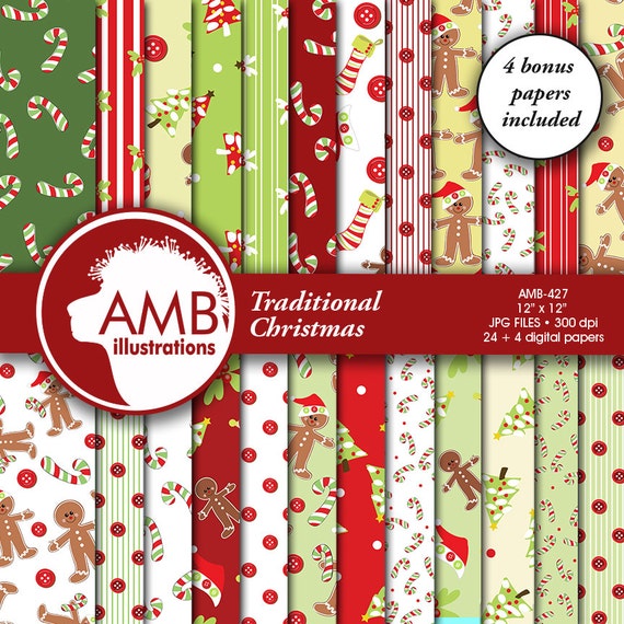 Traditional Christmas digital paper, Holiday Backgrounds, Gingerbread Papers, Scrapbooking, commercial use, AMB-427 Il_570xn
