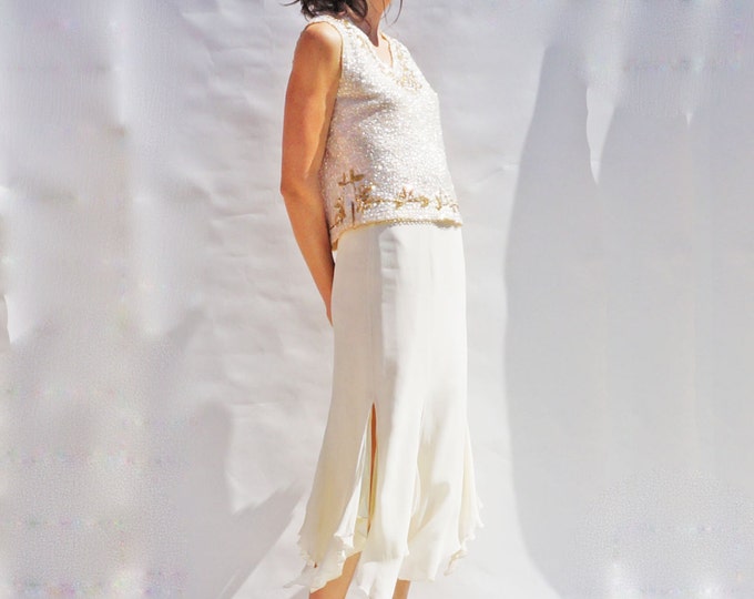 Sequin Bridal Separates, Vintage 60s Ivory Sequin Bridal Top, High Waist Ivory Midi Skirt, Bridal Sets, Vintage Co-Ord, Wedding Dress Alt