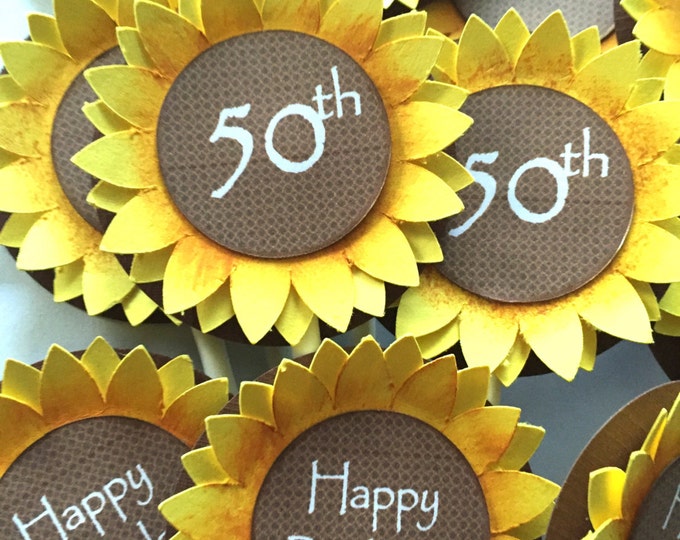 12 Sunflower Cup Cake Toppers. Birthday Decorations. Sunflower Party Supplies.