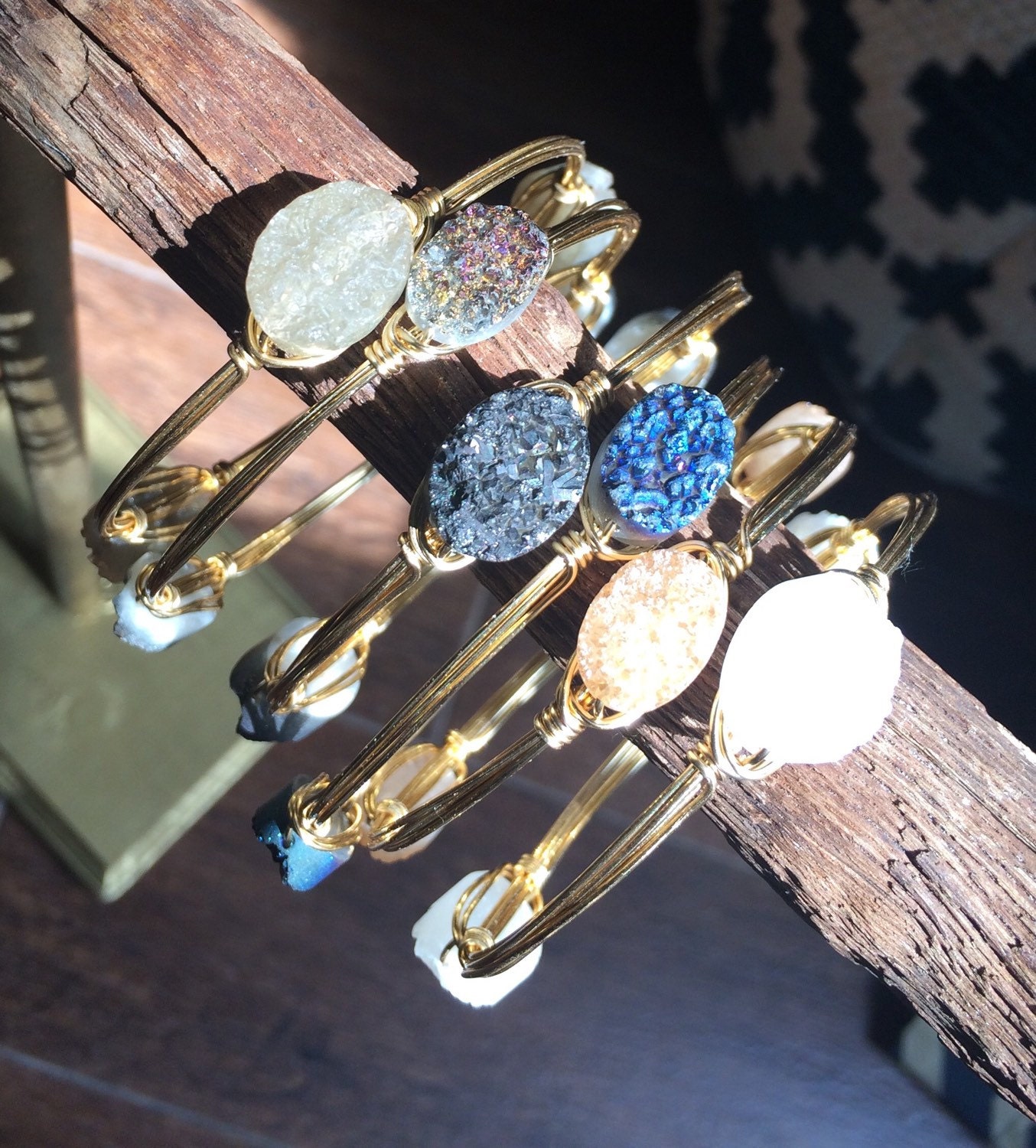 Bourbon and Bowtie Inspired Druzy Wire Wrapped Bangles
