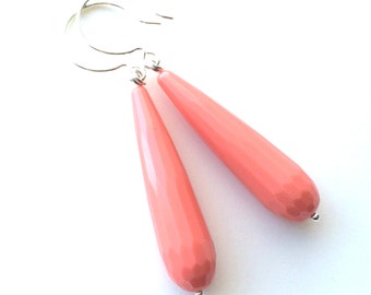 Long Coral Earrings, Long Coral Pink Teardrop, Coral Jade Earrings