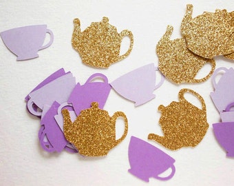Tea Party Decorations, Glitter Gold & Purple Teapots Teacup Confetti, Alice in Wonderland, Table Confetti, 70 CT, Ships in 2-3 Business Days