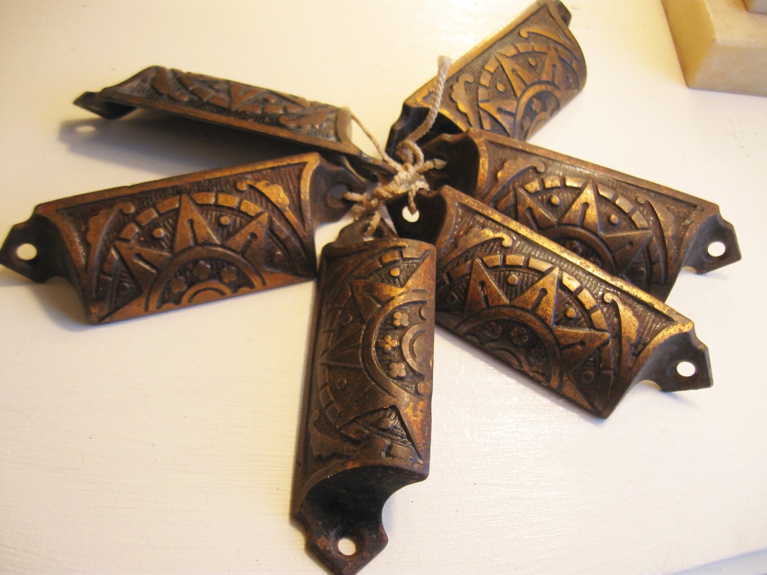 Salvaged Antique Hardware Drawer Pulls SET OF SIX Bin Cup Pulls Brass