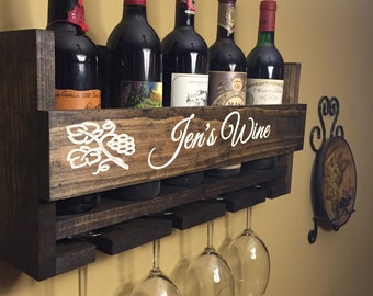 Engraved Personalized Wine Rack Carved Custom Rustic 5 Bottle Wall Mount Wine Rack with 4 Glass Slot Holder, Wall Decor