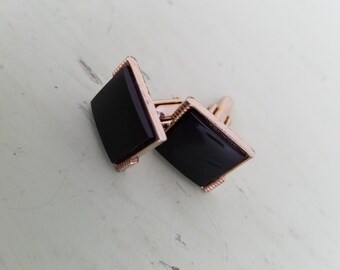 SWANK Cufflinks Black Glass Gold Tone Metal Vintage Cuff Links Square