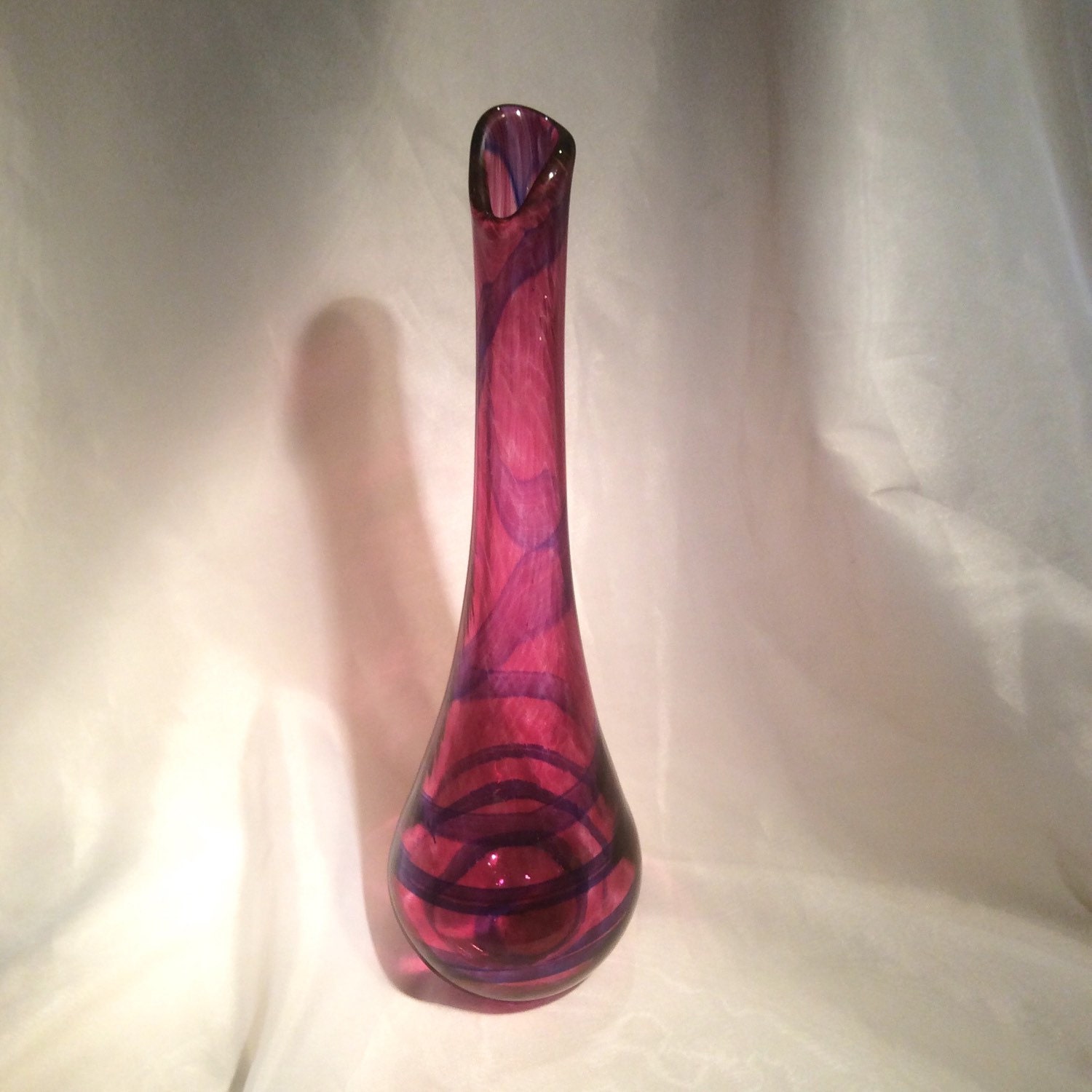 Tall Hand Blown Glass Vase. Magenta Glass Vase with Spiral.