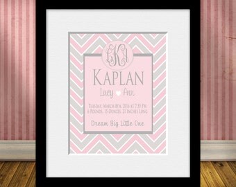 Monogrammed Birth Statistics Wall Print, Chevron Nursery Art, New Baby Gift, Monogrammed Wall Art, Birth Announcement