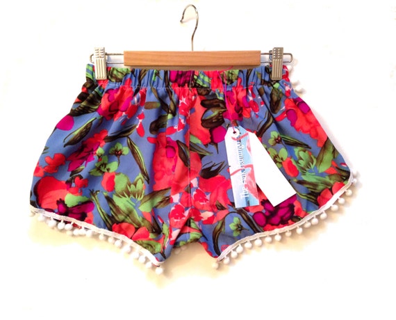 Blue and Orange Tropical Print Pom Pom shorts