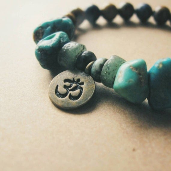 Rough Turquoise Chips, Agate, Petrified Brazilian Wood, and Sodalite Gemstone Bracelet with Bronze Om Charm