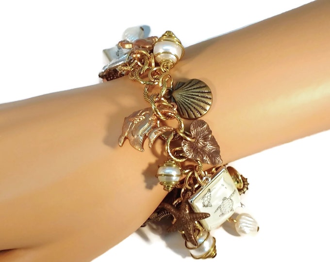 Ocean Beach Themed Charm Bracelet on Gold Plated Chain w/ Brass, Copper, Gold, Pearl & Silver Charms OOAK One of a kind