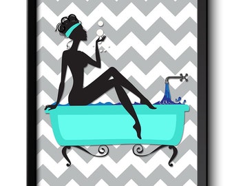 Grey Chevron Blue Turquoise Bathroom Decor Bathroom Wall Art Print Silhouette Girl Bathtub Tub Bathroom Art Bathroom Decor Modern