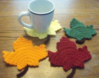 Hand Crocheted Maple Leaf Coasters / Decorations - Set of 4