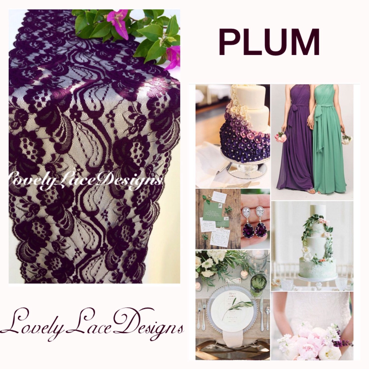 Plum Lace Table Runner/ 7 wide x12ft20ft long/Wedding