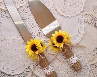 Wedding Cake Server and Knife Set / Sunflower Wedding Cake Cutter Cake Decoration / Burlap Wedding Cake Cutting Set