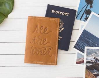 Personalized Embossed See The World Leather Passport Cover, Travel Wallet, Honeymoon Gift, Graduation Gift | The Earhart