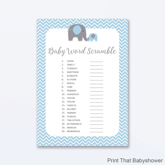 Baby Shower Games Baby Word Scramble Game Blue Elephant