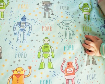 READY TO SHIP Robot Organic Blanket / Baby Boy Blanket / Swaddle Blanket / Toddler Blanket – Robot Blanket