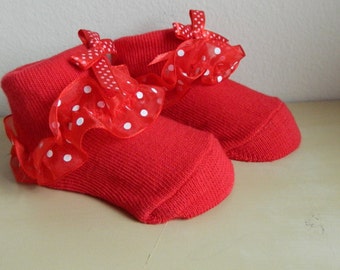 Newborn Baby red ruffled lace socks with red spot organza bows shoe/reborn baby dolls clothes Christening wedding Holiday Christmas