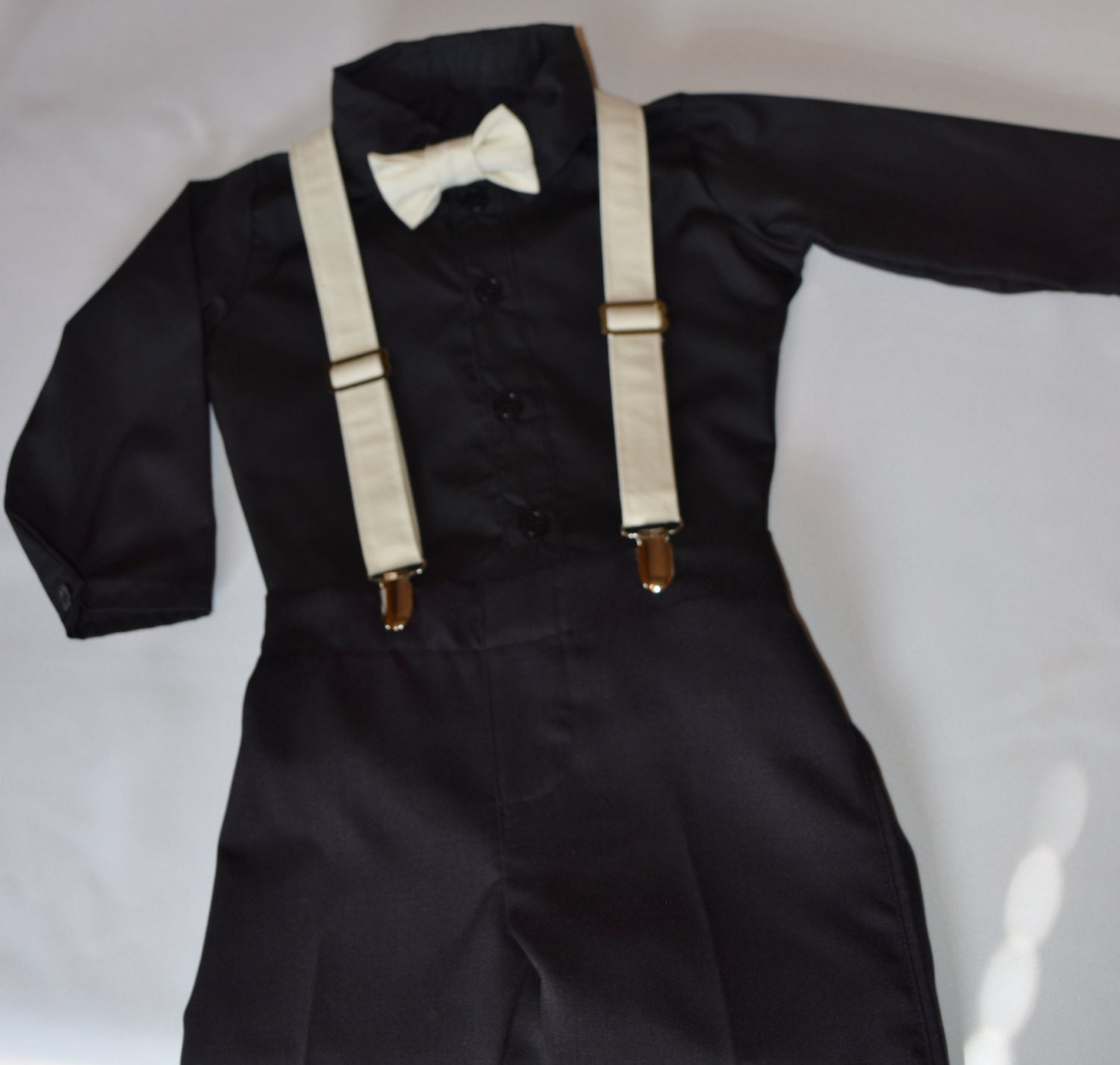 Black 4 piece ring bearer outfit. Outfit by CuppyCakeClothing