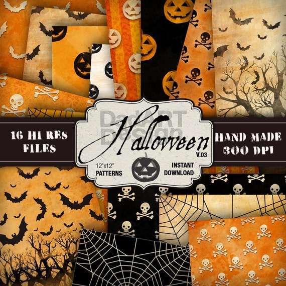 Vintage Halloween Patterns Digital Paper Pack 16 sheets - V03