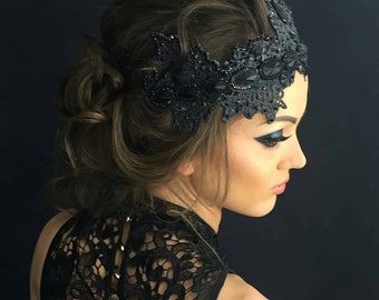 Black crown fascinator headband mistress Prom hair accessory party costume Evil queen Black swan shower lace crown bachelorette sexy special