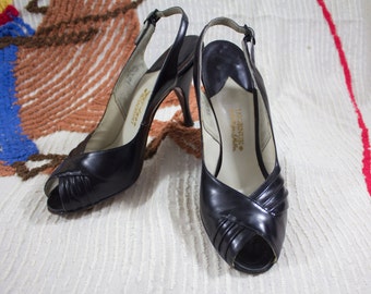 50s Black High Heels | 50s Black Heels | 50s Peeptoe Heels | 50s Leather Heels | Black Leather Heels | 50s Heels | Black Peeptoe Heels 7 US