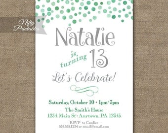 Teen Birthday Invitations - Mint Confetti Birthday Party Invitation - Girl Teen Tween Printable 10th 11th 12th 13th 14th 15th 16th 17th 18th