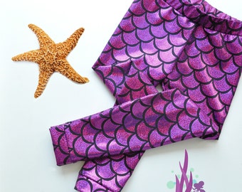 Girls Purple/Pink Metallic Mermaid Leggings. Baby Leggings. Toddler Leggings Fish scale leggings. Dance and Gymnastics