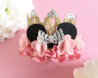 PINK || Mouse Lace Crown Headband || Felt Flowers + Satin Ruffle || Rhinestone Bow