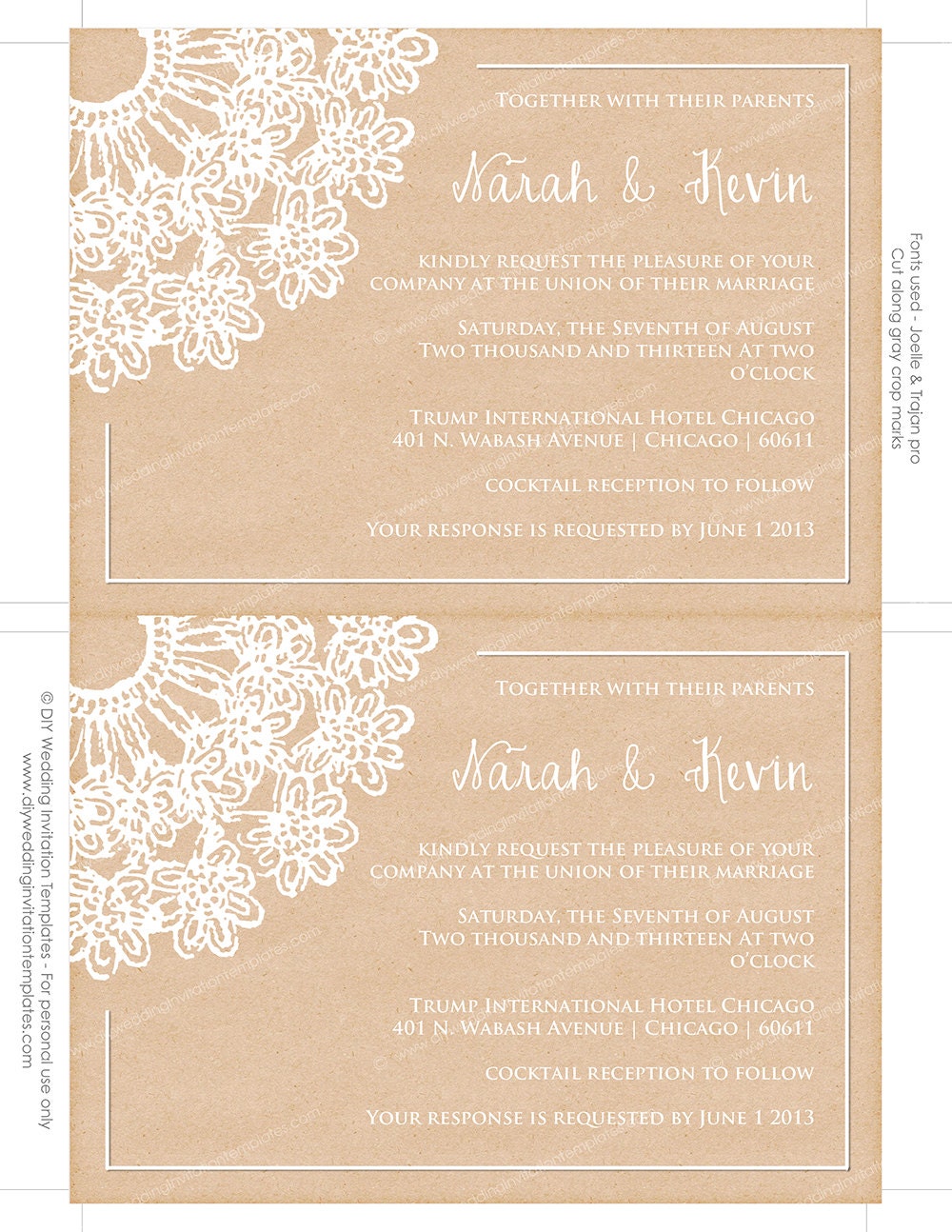 DIY Rustic Wedding invitations template Lace Doily