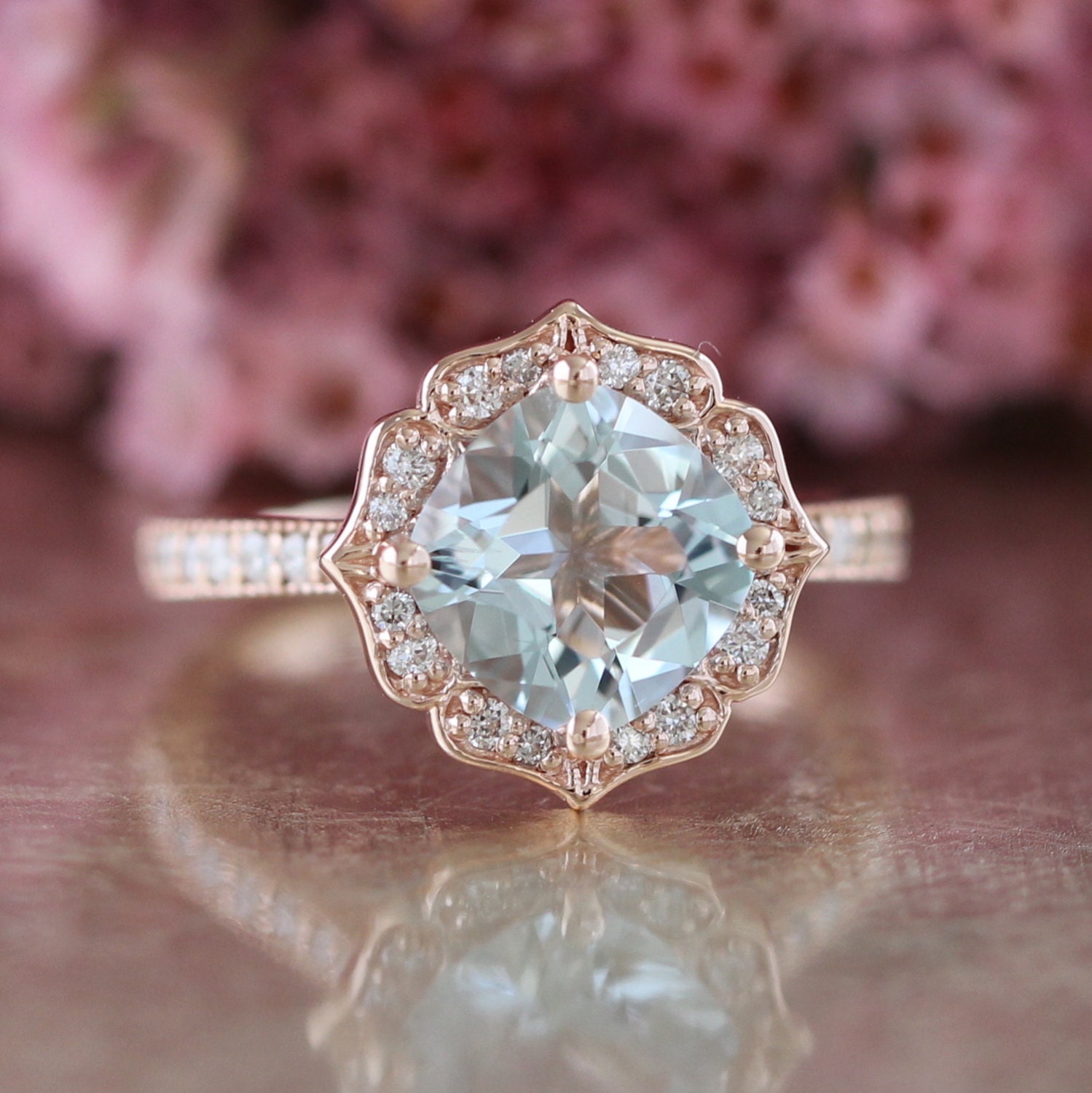 Vintage Floral Aquamarine Engagement Ring in 14k Rose Gold