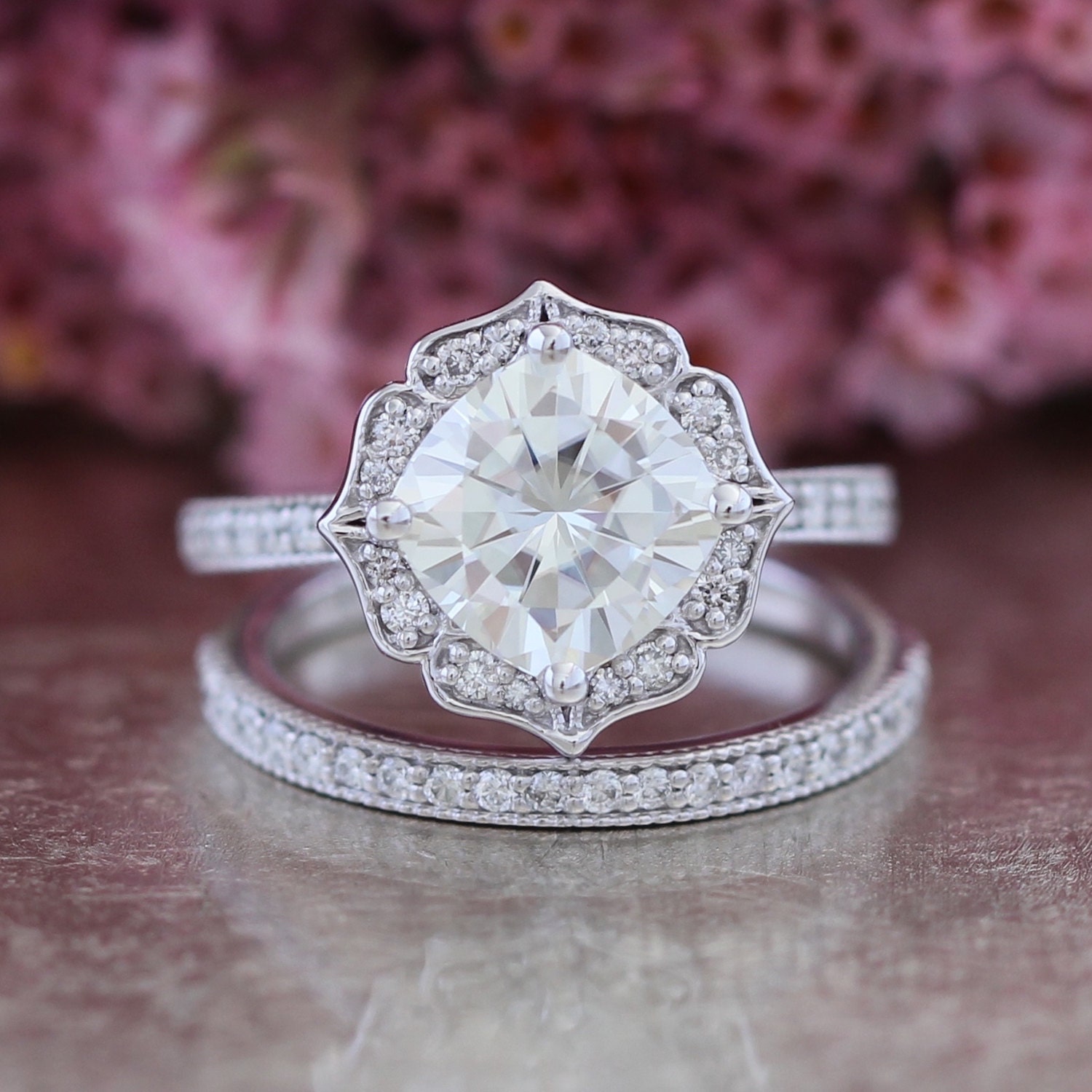 Bridal Set Moissanite Floral Engagement Ring and Half Eternity