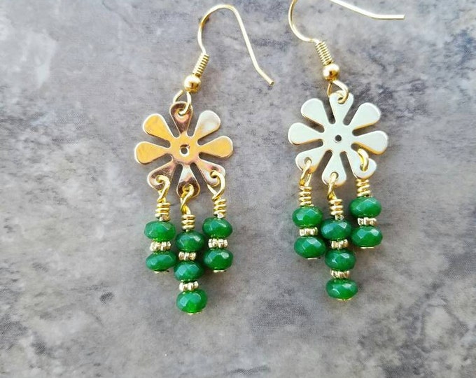 Dark Green Earrings, gold and green drop, green gold earrings, gold flower earrings, green shyness drop, 18k gold earrings, 18k drop