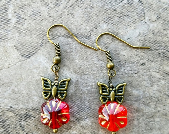 Red flower and butterfly earrings, brass butterfly earrings, Dark red flower earrings, red and brass earrings, butterfly earrings