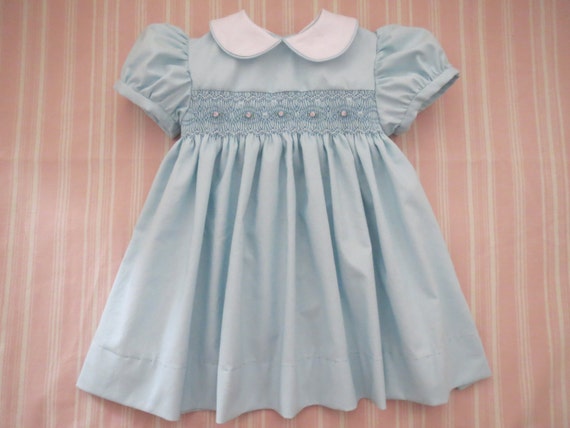 Beautiful Baby Blue White and Pink Hand Smocked Dress for