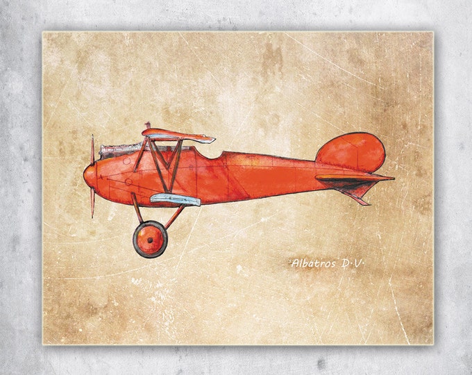 Airplane decor Old paper wall art Vintage airplane prints Military red airplane Albatros Retro aircraft on vintage paper Boys nursery