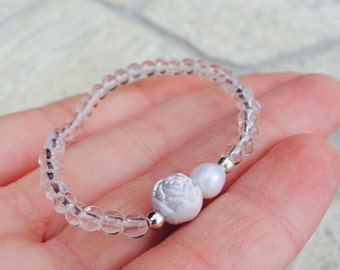 Crystal quartz beaded stretch bracelet for girls, White rose bracelet, Healing bracelet kids, Kids jewelry, Pearl bracelet