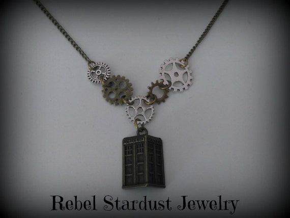 Doctor Who steampunk TARDIS and gear necklace by RebelStardustJewelry steampunk buy now online
