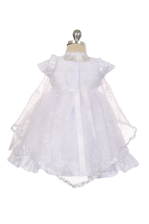 BluNight Collection Little Girl's Baptism Dress - Spaghetti Strap With Virgin Mary Embroidery & Organza Cape - View #7