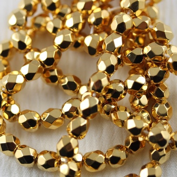 50pcs 4mm 24Kt Gold Plated Faceted Fire Polished Czech Glass Beads