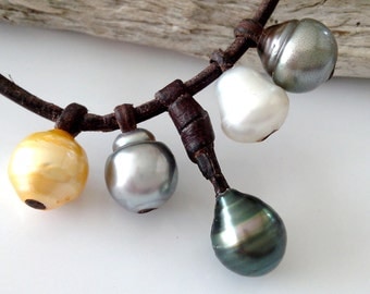 Perle de Tahiti et perles australiennes gold et blanche, collier cuir précieux roulé à la main, collier femme