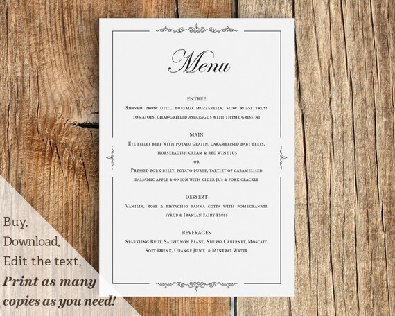 Printable Wedding Reception Menu Template in 1920s Black and