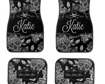 Custom Sugar Skull Car Mats , Full Set, Personalized , Custom Monogram, Your Name Black and Gray