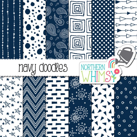 Navy Blue Scrapbook Paper doodle digital paper with hand
