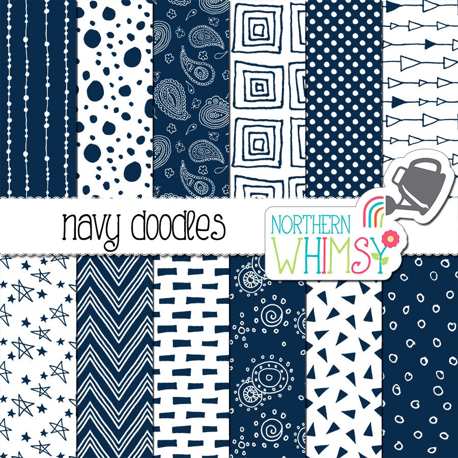 Navy Blue Scrapbook Paper doodle digital paper with hand