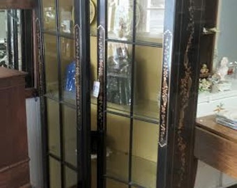 Chinoiserie China Cabinet Black Lacquer China Cabinet Painted Display Cabinet Hollywood Regency Cabinet Black China Cabinet Lighted Cabinet