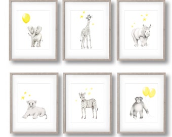 Safari Nursery Art, Set of 6 Prints, Elephant, Giraffe, Lion, Zebra, Monkey, Rhino, Yellow Grey Nursery, Gender Neutral Baby, Art Prints