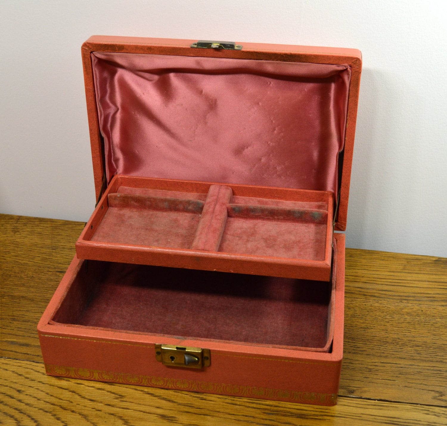 Vintage Pink with Gold Leather Jewelry Box Velveteen and Satin Lined