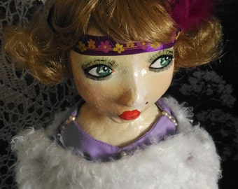 Antique French Boudoir 1920s Style OOAK Art Doll, Wood Carving, Papier Mache, 22" Tall or 55 CM, Art Deco Gift for Her